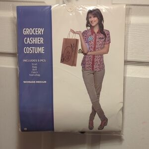 Grocery cashier costume includes shirt, bag, belt, patch, and nametag brand new